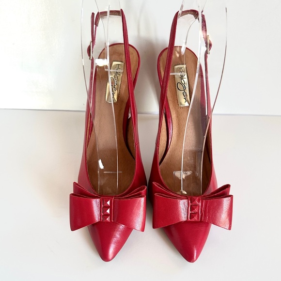 HALOGEN LILA RED LEATHER STUDDED BOW POINTED-TOE SLINGBACK HEELS PUMPS Sz7 - Picture 2 of 13